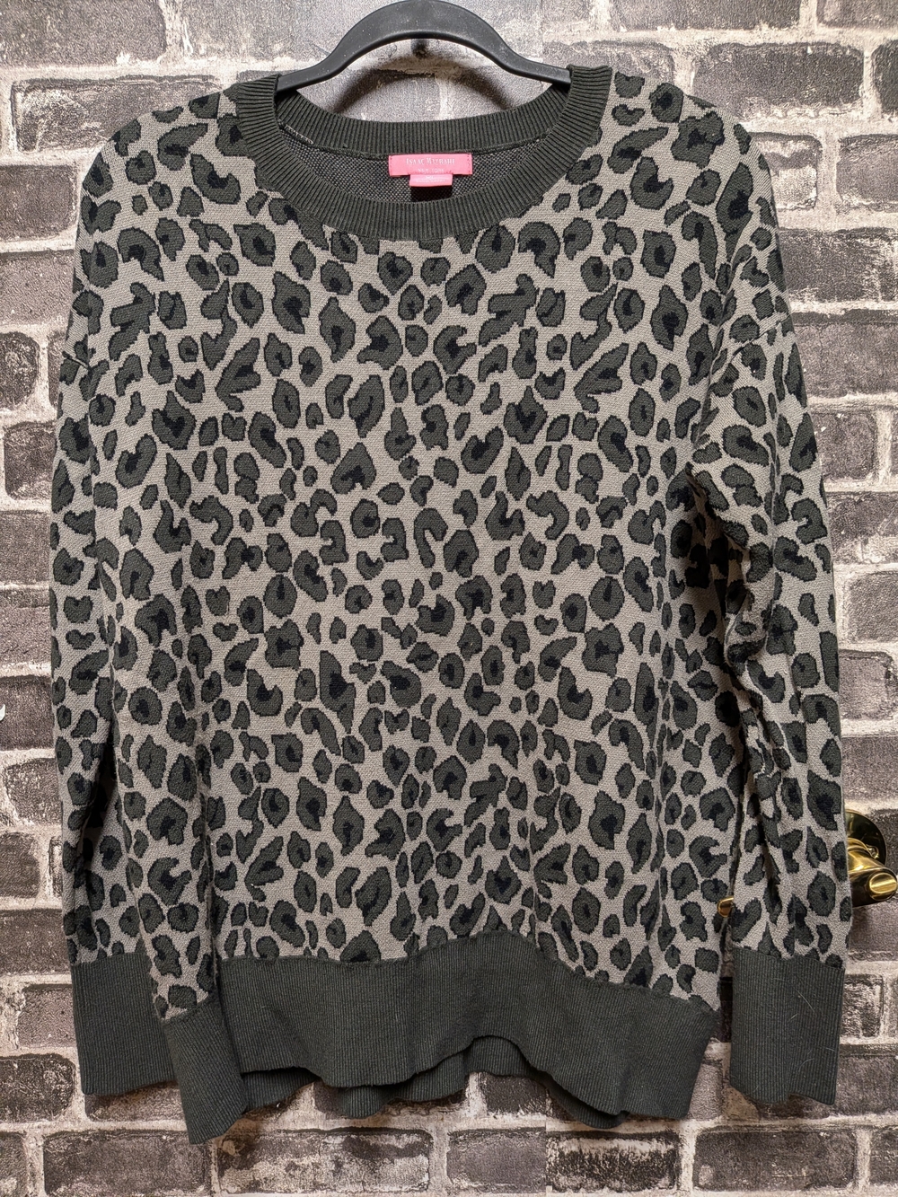 Isaac Mizrahi Gray and Black Leopard Print Crewneck Sweater